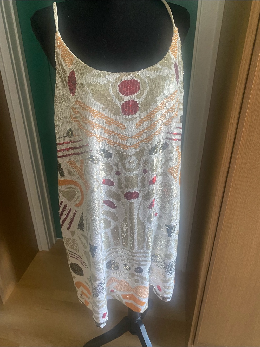 French Connection Sequin Slip Dress with Abstract Print - White, Red, Orange
